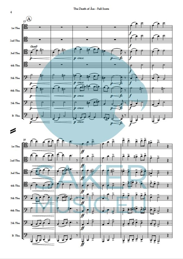 Edvard Grieg: The Death of Ase from Peer Gynt for trombone ensemble. Sheet music product sample page