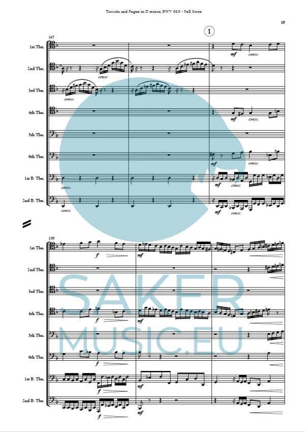 Johann Sebastian Bach: Toccata and Fugue in D minor for trombone ensmeble. Sheet music product sample page 1. Szeged Trombone Ensemble series.