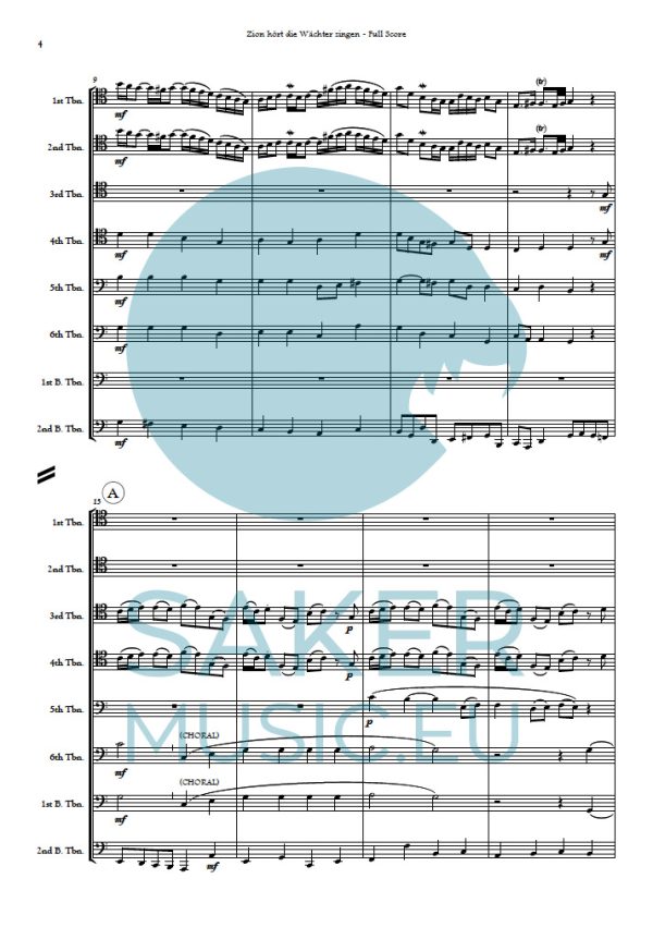 Johann Sebastian Bach: Zion hört die Wächter singen full version from BWV 140 for trombone ensemble. Sheet music product sample 1. Szeged Trombone Ensemble series.