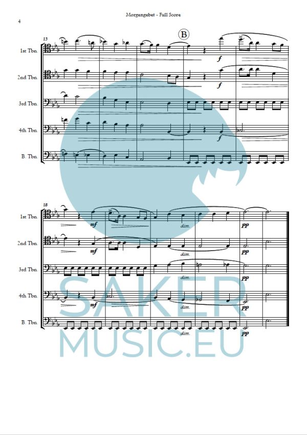 Tchaikovsky: Morgengebet for trombone quartet sheet music product sample page