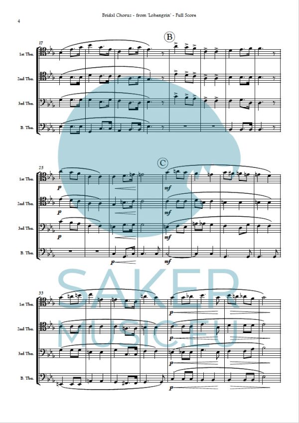 Richard Wagner: Bridal Chorus from Lohengrin for trombone quartet sheet music product sample page