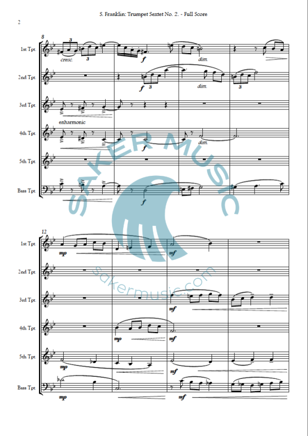 Steven Franklin trumpet sextet no 2 sheet music product sample image 1