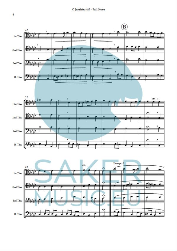 Johann Sebastian Bach- O Jesulein süss choral for trombone quartet sheet music