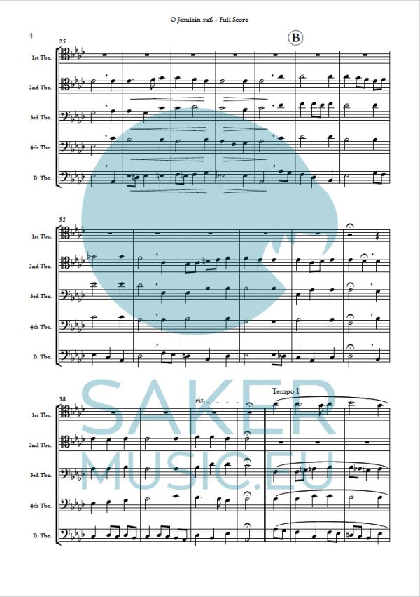 Johann Sebastian Bach O Jesulein süss choral for trombone quintet sheet music sample
