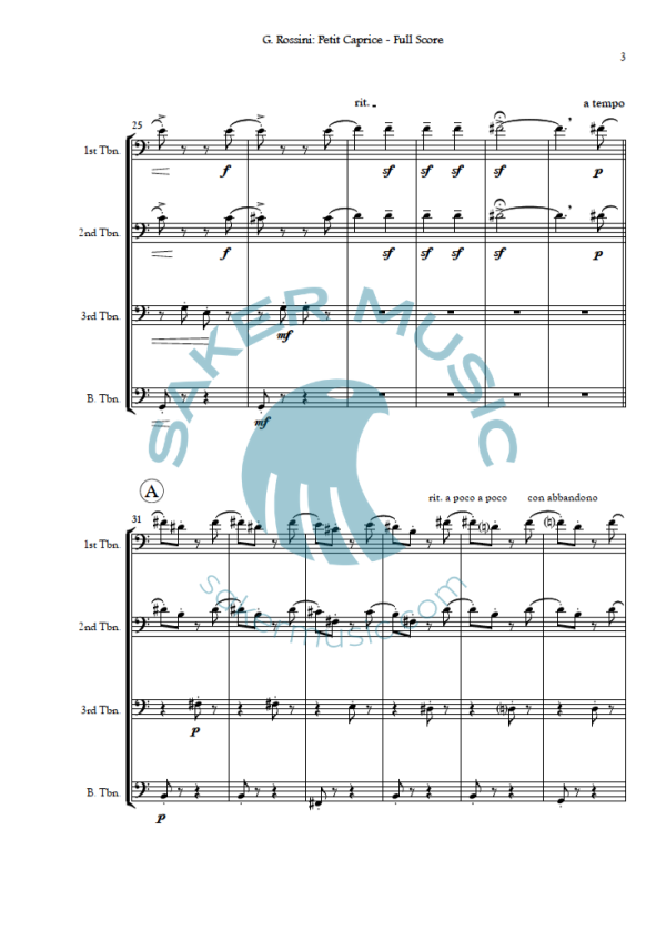 Rossini Petit Caprice for trombone quartet sheet music arrangement sample page