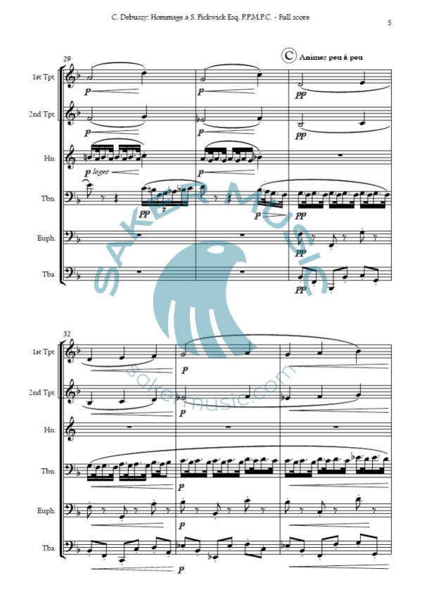 Claude Debussy: Hommage a S. Pickwick Esq. P.P.M.P.C. arranged for brass sextet by Paul Krzywicki sample page 2