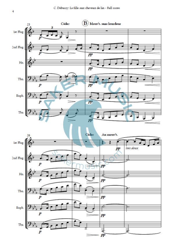 Claude Debussy: La fille aux cheveux de lin for brass sextet arranged by Paul Krzywicki sample page 1